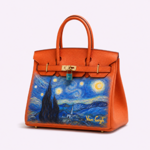Geantă pictată manual din piele naturala – inspirație Van Gogh („ Clasic Starry Night”)